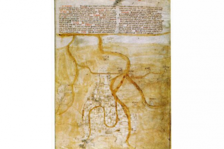 Paolino Veneto, Chronologia Magna, c. 7r: Pianta di Venezia. Venezia, Biblioteca Nazionale Marciana, Cod. Marc. Lat. Z. 399 (=1610) Paolino Veneto, Chronologia Magna, c. 7r: Pianta di Venezia. Venezia, Biblioteca Nazionale Marciana, Cod. Marc. Lat. Z. 399 (=1610)